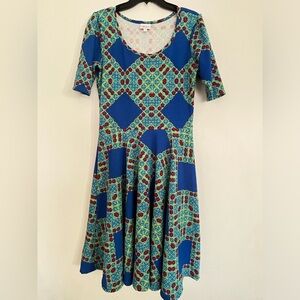 Lularoe Nicole Dress Blue Geometric Large